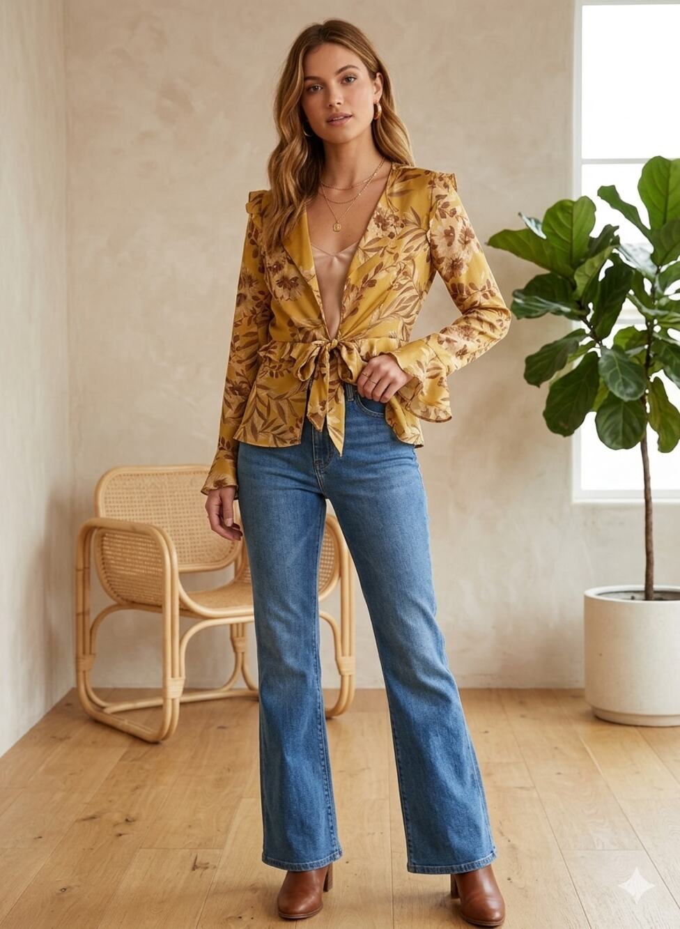 Stone Cold Fox Floral 100% Silk Wrap Blouse Flutter Sleeve Cuff Mustard Floral 0